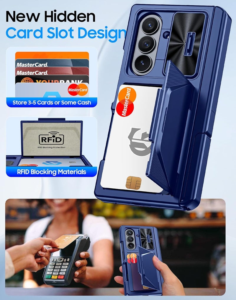 BSNRM for Samsung Galaxy Z Fold 7 Case with Card Holder RFID Blocking, Built in Slide Lens Cover & Hinge Protection & Kickstand & Screen Protector, Shockproof Wallet Case for Z Fold 7 (Sapphire Blue) - Image 3